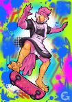 3_toes 4_fingers anthro avian ben_day_dots bird black_eyebrows choker clothed clothing eyebrows feather_hands feathers feet fingers frilly frilly_clothing frilly_underwear graffiti griiffziilla heart_symbol hi_res jewelry kickflip looking_away maid_apron maid_uniform male necklace paint_splatter parrot pink_body pink_feathers skateboard skateboarding solo toes underwear uniform upskirt upskirt_view vehicle