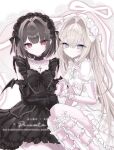  2girls bao13xx black_bow black_dress black_hair black_headdress blonde_hair blue_eyes blush bow cross cross_necklace dress frilled_dress frills hair_between_eyes highres holding_hands jewelry looking_at_viewer miomiya multiple_girls necklace original red_eyes socks white_dress white_headdress 