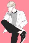  1boy black_pants black_shoes blonde_hair closed_mouth commentary_request elbow_on_knee figure_four_sitting glasses haikyuu!! invisible_chair jacket male_focus pants pink_background shoes short_hair simple_background sitting solo tsukishima_kei white_jacket ynk_vv 