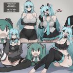  ! 1girl ? ace_glitch alternate_breast_size_(larger) alternate_hairstyle angry aqua_eyes aqua_hair armpits asymmetrical_legwear black_gloves black_panties breasts cleavage closed_mouth couch cowboy_shot detached_sleeves english_text eyeliner gloves hatsune_miku highres large_breasts long_hair makeup messy_hair middle_finger midriff mismatched_legwear musical_note necktie on_couch open_mouth panties pink_panties simple_background skin_tight skirt sports_bra standing striped_clothes striped_panties stuffed_toy tattoo thighhighs underwear vocaloid 