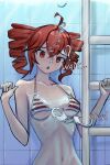  1girl ? bare_shoulders bikini blush breasts collarbone commentary cuffs hair_between_eyes handcuffs highres indoors kabal20k kasane_teto large_breasts looking_at_viewer navel open_mouth pool red_eyes red_hair striped_bikini striped_clothes surprised swimsuit twintails underwater upper_body utau variant_set water wet 