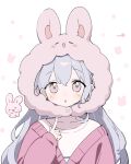  1girl :o absurdres animal_hood bang_dream! bang_dream!_yumemita cardigan chinese_commentary commentary_request grey_hair highres hood index_finger_raised long_hair long_sleeves looking_at_viewer miyanaga_nonoka miyanaga_nonoka_(real) pink_cardigan pink_eyes pointing pointing_at_self rabbit_hood shirt simple_background smile solo upper_body white_background white_shirt xhs_7495061940 