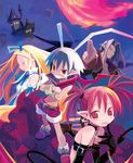  2girls antenna_hair bare_shoulders bat_wings belt blonde_hair blue_hair bracelet buckle choker crossed_arms demon_girl disgaea earrings elbow_gloves etna fang flonne gloves harada_takehito jacket jewelry laharl long_hair long_sleeves looking_at_viewer makai_senki_disgaea mid-boss_(disgaea) multiple_boys multiple_girls official_art open_clothes open_jacket pointy_ears prinny red_eyes red_hair red_shorts ribbon shorts tail twintails wings 