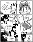 2021 animal_humanoid belly big_belly big_breasts bodily_fluids bottomwear braces breasts burping canid canid_humanoid canine canine_humanoid clothed clothed_female clothed_humanoid clothing comic dress english_text eyewear female female_humanoid fluffy fluffy_tail glasses hair hand_on_belly hi_res humanoid humanoid_prey kronguss lagomorph lagomorph_humanoid larger_female larger_humanoid larger_pred leporid_humanoid long_hair male male_prey mammal mammal_humanoid miniskirt monochrome mouth_shot navel onomatopoeia open_mouth oral_vore ponytail rabbit_humanoid rectangular_glasses saliva saliva_string sharp_teeth shirt size_difference skirt smaller_female smaller_humanoid sound_effects speech_bubble swallowing t-shirt tail talking_to_another teeth text thick_thighs topwear twintails_(hairstyle) vore wearing_glasses wide_hips wolf_humanoid