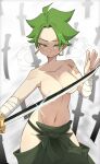  1girl absurdres bandaged_arm bandages bare_shoulders breasts censored chest_sarashi cleavage closed_mouth collarbone convenient_censoring earrings english_commentary green_hair hakama highres holding japanese_clothes jewelry katana large_breasts lieumare looking_at_viewer messy_hair navel original sarashi short_hair smile solo split_mouth sword tamae_(lieumare) topless_female weapon yellow_eyes 