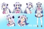  1girl 9-nine- :d :t =_= anime_coloring belt black_bow blue_background blue_eyes blunt_bangs blush bow brown_shoes butterfly_hair_ornament character_name chest_bow closed_eyes closed_mouth commentary cropped_torso dress flying_sweatdrops from_below full_body furrowed_brow garter_straps grey_belt grin hair_bow hair_intakes hair_ornament hakusen_academy_school_uniform hand_up highres kousaka_haruka loafers long_hair long_sleeves looking_at_viewer multiple_expressions multiple_views ojin open_mouth pink_bow polka_dot polka_dot_bow pout puff_of_air purple_hair school_uniform shoes short_dress sidelocks simple_background smile sparkle split_mouth standing straight-on sweatdrop thighhighs two-tone_background two_side_up upper_body v-shaped_eyebrows very_long_hair wavy_mouth white_background white_dress white_thighhighs zettai_ryouiki 