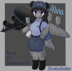 aeromorph aircraft anthro boeing box c-17_globemaster_iii clothing container delivery_(commerce) delivery_employee english_description english_text female grey_background hand_on_hip hi_res holding_box holding_container holding_object living_aircraft living_machine living_vehicle looking_at_viewer machine military postal_carrier postal_delivery postal_uniform simple_background solo standing stratoclimber text three-quarter_view uniform united_states_postal_service vehicle wings