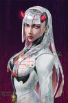  1girl black_eyeliner breasts close-up closed_mouth commentary crosshair earrings english_commentary eyelashes eyeliner from_side glowing glowing_eyes hair_behind_ear highres horns instagram_logo instagram_username jewelry large_breasts looking_at_viewer makeup mechabare narrow_waist omnic overwatch patterned_hair portrait red-eye_effect red_eyes red_horns red_lips robot_girl robot_hair sergio_lara shion_(overwatch) signature skin_seams suit twitter_username twitter_x_logo upper_body white_hair white_suit 