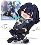  1girl black_gloves blue_eyes blue_hair bow bow_earrings breasts chain chain_headband chair chibi closed_eyes clothing_cutout commentary comparison detached_sleeves earrings english_commentary full_body gloves hair_between_eyes hair_intakes happy heart-shaped_gem holding hololive hololive_english jewelry large_breasts multiple_views office_chair on_chair oscar_get ouro_kronii ouro_kronii_(1st_costume) pinstripe_pattern pinstripe_shirt pinstripe_skirt ribbon_earrings shirt short_hair simple_background sitting skirt smile spinning swivel_chair thighhighs underboob_cutout virtual_youtuber white_background 