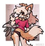 anthro bagel_(bagelcollie) bagelcollie blush bottomwear bra bra_strap breasts butt cable canid canine canis clothing collie digital_drawing_(artwork) digital_media_(artwork) domestic_dog electronics eyelashes female fluffy fluffy_tail hair headphones herding_dog long_ears long_hair looking_at_viewer looking_back mammal panties pastoral_dog portable_music_player pose rear_view sheepdog shirt signature simple_background snout solo standing tail topwear underwear