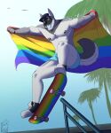 absurd_res anthro black_nipples blue_mouth blue_tongue bottomwear canid canine canis clothing cole_canine domestic_dog fangs flag footwear fur grey_body grey_fur hat headgear headwear hi_res husky lgbt_pride light looking_at_viewer male mammal muscular muscular_male nelldemon nipples nordic_sled_dog outside plant pride_colors shirtless shirtless_male shoes shorts skateboard solo spitz sunlight teeth tongue tree vehicle wristband
