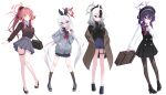  4girls 82jhin :p absurdres alternate_costume alternate_hairstyle aru_(blue_archive) bag beret black_dress black_hair black_hairband black_hat black_horns black_sailor_collar black_shirt black_shoes black_skirt blue_archive blue_shorts bow bow_hairband bowtie briefcase bright_pupils brown_cardigan brown_coat brown_horns brown_socks cardigan closed_mouth coat coat_partially_removed collared_shirt commentary demon_girl demon_horns dress full_body gradient_hair grey_cardigan grey_halo grey_skirt grin hair_ornament hairband hairclip halo hands_in_pockets haruka_(blue_archive) hat high_heels highres holding holding_briefcase horns kayoko_(blue_archive) loafers long_hair long_sleeves looking_at_viewer low_horns low_twintails miniskirt multicolored_hair multiple_girls multiple_hairclips mutsuki_(blue_archive) neck_ribbon orange_eyes orange_hair orange_halo pantyhose pinafore_dress pleated_skirt pointy_ears ponytail problem_solver_68_(blue_archive) purple_eyes purple_hair purple_halo red_bow red_bowtie red_eyes red_halo red_ribbon ribbon sailor_collar shirt shoes shorts simple_background skirt sleeveless sleeveless_dress smile socks standing tongue tongue_out twintails two-tone_hair v very_long_hair white_background white_hair white_pupils white_shirt 
