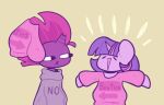 2019 anthro arms_outstretched broken_horn clothing digital_media_(artwork) duo equid equine eye_scar eyes_closed facial_scar female friendship_is_magic frown grey_clothing grey_sweater grey_topwear happy hasbro horn mammal mane mohawk my_little_pony my_little_pony:_the_movie_(2017) mythological_creature mythological_equine mythology open_mouth pink_clothing pink_sweater pink_topwear purple_body purple_mane red_mane scar simple_background stare sweater tempest_shadow_(mlp) topwear twilight_sparkle_(mlp) typhwosion unicorn yellow_background