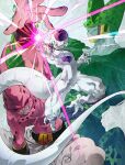  3boys abs arm_up artist_name belt black_belt black_lips black_nails black_sclera bracer cell_(dragon_ball) closed_mouth colored_sclera colored_skin dragon_ball dragon_ball_z energy evil_grin evil_smile fangs final_form_frieza fingernails frieza grin highres looking_at_viewer majin_buu male_focus multiple_boys muscular muscular_male navel ommmyoh outstretched_arm pants pectorals perfect_cell pink_eyes pink_skin red_eyes smile smirk stomach super_buu tail teeth toenails topless_male twitter_username v-shaped_eyebrows white_pants white_skin 
