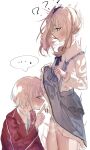  ... 1boy 1other ? akiyama_mizuki akiyama_mizuki_(middle_school) androgynous bar_censor blazer blue_skirt censored closed_mouth clothes_lift commentary_request crossdressing crossdressing_(mtf) dual_persona flaccid from_side genderswap genderswap_(otm) has_bad_revision has_censored_revision highres jacket lifting_own_clothes long_sleeves looking_at_penis niho12261 other_with_male penis pink_hair project_sekai red_jacket selfcest shirt short_hair side_ponytail simple_background skirt skirt_lift spoken_ellipsis standing time_paradox trap white_background white_shirt 