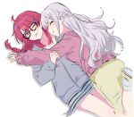  2girls absurdres bang_dream! bang_dream!_yumemita blush braid cardigan closed_eyes closed_mouth commentary glasses green_skirt grey_hair grey_hoodie hair_ornament hairclip half_up_braid highres hood hoodie long_hair miyanaga_nonoka miyanaga_nonoka_(real) multiple_girls nekwnek one_eye_closed parted_lips pink_cardigan pout red_eyes red_hair sengoku_yuno sengoku_yuno_(real) simple_background skirt sweatdrop twin_braids white_background yuri 