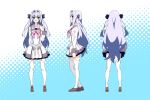  1girl 9-nine- :d anime_coloring arm_at_side belt black_bow blue_background blue_eyes blunt_bangs bow brown_shoes butterfly_hair_ornament chest_bow commentary contrapposto dress from_behind from_side full_body garter_straps grey_belt grin hair_bow hair_intakes hair_ornament hakusen_academy_school_uniform hand_up highres kousaka_haruka loafers long_hair long_sleeves looking_at_viewer multiple_views ojin open_mouth pink_bow polka_dot polka_dot_bow purple_hair school_uniform shoes short_dress sidelocks simple_background smile standing straight-on thighhighs two-tone_background two_side_up very_long_hair white_background white_dress white_thighhighs zettai_ryouiki 
