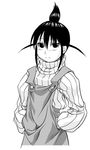  baggy_clothes dress genshiken greyscale hands_in_pockets high_ponytail long_sleeves looking_at_viewer monochrome ogiue_chika pinafore_dress solo topknot turtleneck yn_red 