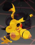 4_fingers absurd_res anthro areola big_breasts big_butt bigdon1992 biped black_sclera black_tail_tip blonde_hair blush blush_lines breasts butt dipstick_tail eyelashes female fingers generation_1_pokemon hair hair_over_eye heart_tail hi_res huge_butt laser laser_grid long_eyelashes mammal markings nintendo nipples pikachu pokemon pokemon_(species) pupils red_cheeks rodent solo spy tail tail_markings tan_areola tan_nipples thick_thighs upside_down white_eyes yellow_body