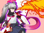  1girl absurdres ahoge animal_ears black_bow black_hair black_pantyhose black_ribbon black_sailor_collar black_scarf black_skirt blue_archive blush bow commentary cowboy_shot drop_shadow english_commentary engrish_commentary extra_ears eyeshadow fighting_stance fire flamshock_30 gradient_hair grey_hair gun hair_between_eyes hair_ribbon halo hand_up highres holding holding_gun holding_weapon kuji-in long_hair long_sleeves looking_ahead makeup michiru_(blue_archive) miniskirt multicolored_hair neckerchief ninja pantyhose parted_lips pink_background pink_halo pink_neckerchief pleated_skirt pump_action pyrokinesis raccoon_ears raccoon_girl red_eyeshadow remington_870 ribbon sailor_collar scarf school_uniform serafuku shirt short_eyebrows shotgun sidelocks simple_background skirt solo thick_eyebrows twintails very_long_hair weapon white_shirt wide_sleeves yellow_eyes 