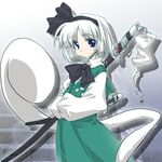  artist_request black_hairband blue_eyes bow bowtie dress hairband hitodama katana konpaku_youmu konpaku_youmu_(ghost) long_sleeves lowres scabbard sheath short_hair solo sword tassel touhou vest weapon white_hair 