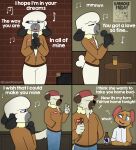 2026 4_panel_comic absurd_res alcohol amplifier anthro bartleby_(lupopossum) baseball_cap beer beer_bottle beer_glass beverage black_nose blue_eyes bottle bottomwear bovid bow_tie brick brick_wall brown_body brown_fur bumper_(lupopossum) canid canine canis caprine clothing comic container denim denim_bottomwear denim_clothing dialogue domestic_cat domestic_dog ears_down electronics emile_(lupopossum) english_text facial_markings felid feline felis female fur furniture group hair hair_over_eyes hand_in_pocket hat head_markings headgear headwear herding_dog hi_res inside jacket jeans karaoke lupopossum lyrics male mammal markings microphone music musical_note musical_symbol muzzle_(marking) name_tag open_mouth pants pastoral_dog pivoted_ears pockets poster_(object) sheep sheepdog signature simple_background singing symbol table text topwear trio unzipped_jacket wall_(structure) white_body white_fur