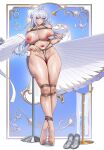  1girl absurdres barefoot bdsm blush bondage bound bound_knees bound_legs bound_torso breasts censored chair closed_mouth cup feet full_body grey_hair high_heels highres holding holding_cup large_breasts long_hair looking_at_viewer mole mole_under_mouth mosaic_censoring nipples on_chair pointy_ears purple_eyes rope shibari shoes smile solo sweat teacup thick_thighs thighs toes unworn_shoes velina_airgid wow+ zenless_zone_zero 