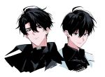  2boys black_coat black_eyes black_hair black_shirt closed_mouth coat commentary_request hair_between_eyes huz_(a1438758295) kim_dokja looking_at_viewer male_focus multiple_boys omniscient_reader's_viewpoint open_clothes open_coat popped_collar shirt short_hair simple_background white_background white_coat yoo_joonghyuk 