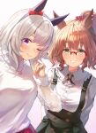 2girls animal_ears aston_machan_(casual)_(umamusume) aston_machan_(umamusume) blush bow breasts brown_hair casual closed_mouth commentary_request curren_chan_(casual)_(umamusume) curren_chan_(umamusume) ear_bow ear_covers glasses green_eyes green_skirt grey_hair hair_ornament hair_scrunchie heart heart_necklace highres horse_ears horse_girl jewelry large_breasts long_sleeves looking_at_viewer medium_hair multiple_girls necklace one_eye_closed one_side_up open_mouth over-rim_eyewear peruu purple_eyes red-framed_eyewear red_bow red_scrunchie red_skirt scrunchie see-through_clothes see-through_sleeves semi-rimless_eyewear shirt short_hair skirt smile suspender_skirt suspenders sweater umamusume white_shirt white_sweater 