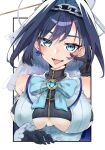  1girl alternate_costume black_gloves black_hair blue_eyes blue_hair bow bow_earrings breasts chain chain_headband cleavage clothing_cutout commentary_request detached_sleeves earrings gloves hair_intakes halo heart-shaped_gem highres hololive hololive_english jewelry kuuya_(ayahata43) large_breasts looking_at_viewer mechanical_halo multicolored_hair open_mouth ouro_kronii ouro_kronii_(1st_costume) pinstripe_pattern pinstripe_shirt pinstripe_skirt ribbon_earrings shirt short_hair simple_background smile solo underboob_cutout virtual_youtuber white_background 