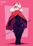 ambiguous_gender anthro cloak clothing crossed_legs deltarune eyewear fist glasses glistening hi_res hollow_knight_(franchise) hornet_(hollow_knight) latex makeup mask melee_weapon merritz pose ralsei red_cloak red_clothing shadow smile solo standing team_cherry thick_thighs undertale_(series) weapon
