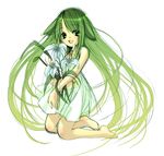  :d barefoot dress flower green_eyes green_hair izumi_rei kneeling lily_(flower) long_hair open_mouth saya saya_no_uta sketch smile solo very_long_hair 