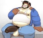 2021 anthro areola balls barazoku bear beard big_penis blue_clothing blush bodily_fluids bottomwear brown_body brown_genitals brown_penis clothed clothing dripping erection facial_hair genital_fluids genitals hair humanoid_genitalia humanoid_penis male male_anthro mammal musclegut muscular muscular_anthro muscular_male navel nipples open_bottomwear open_clothing open_mouth open_pants overweight overweight_anthro overweight_male pants penis precum precum_drip pubes shirt simple_background sitting solo tan_body tank_top thesharksame thick_penis topwear vein veiny_penis white_clothing white_shirt white_topwear