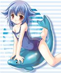  barefoot blue_hair blush brown_eyes feet flat_chest inflatable_dolphin inflatable_toy mizushiro_takuya mone name_tag one-piece_swimsuit school_swimsuit short_hair solo straddling strap_slip swimsuit yumeria 