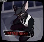 absurd_res accessory anthro artist_name black_body black_clothing black_fur black_shirt black_topwear blood blood_on_clothing blood_on_hand bodily_fluids broken_glasses bruised bruised_eye cain_(suitedwolfie) clothed clothing dialogue english_text eyewear fur glasses gold_glasses head_tuft hi_res kneeling looking_at_viewer male necktie nosebleed shirt solo suit suitedwolfie text topwear tuft wearing_glasses white_clothing white_necktie white_suit wingless_bat wiping_nose