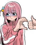 1girl 1other averting_eyes blue_eyes bocchi_the_rock! commentary cube_hair_ornament gotoh_hitori hair_ornament heart_hands_failure highres margare pink_hair pink_nails pink_track_suit shaded_face sweatdrop track_suit untranslatable_commentary upper_body white_background 