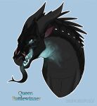 2020 absurd_res ambiguous_gender battlewinner_(wof) black_body black_scales blue_eyes dragon english_text european_mythology fangs feral forked_tongue hi_res horn long_neck mythological_creature mythological_scalie mythology nightwing_(wof) scales scalie scar sharp_teeth simple_background snout solo spikes spikes_(anatomy) suntropikl teeth text tongue tongue_out western_dragon wings_of_fire