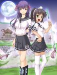  arin black_hair boots full_moon golf_club green_eyes hair_ribbon hairband hana_(pangya) happy long_hair moon multiple_girls otsutama_takashi pangya pleated_skirt purple_eyes purple_hair ribbon school_uniform short_hair skirt smile thighhighs white_legwear 