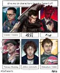  6+boys arm_up armor bandaged_arm bandages bee black_armor black_gloves black_hair black_hat black_jacket black_scarf blood blood_on_face blue_eyes blue_jacket blue_shirt bug buzz_cut character_name cigarette claw_hammer closed_mouth collared_shirt commentary cyberpunk_(series) cyberpunk_2077 dorohedoro earrings english_text facial_hair fingerless_gloves formula_one glasses gloves guts_(berserk) hammer hat helmet highres holding holding_cigarette holding_hammer holding_sword holding_unworn_helmet holding_weapon huge_weapon jacket jewelry john_lennon lapels layered_sleeves long_sleeves male_focus mask motorcycle_helmet multiple_boys multiple_drawing_challenge necklace newsboy_cap notched_lapels one_eye_closed open_collar parted_hair peaky_blinders piercing plug_(piercing) racing_suit real_life rectangular_eyewear red_eyes round_eyewear scarf sebastian_vettel sgkg108 shin_(dorohedoro) shirt short_hair six_fanarts_challenge smoke smoking suit_jacket sunglasses sword thick_eyebrows thomas_shelby unworn_headwear unworn_helmet very_short_hair viktor_vektor wavy_hair weapon white_shirt wing_collar 