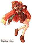  brown_gloves brown_hair cape character_name copyright_name fingerless_gloves gloves hat kotonemaru long_sleeves marguerite_fatima open_mouth orange_hat simple_background solo white_background xenogears 