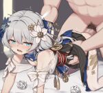  1boy 1girl all_fours ass black_dress blue_eyes blush breasts censored clothed_female_nude_male clothing_aside commentary_request completely_nude doggystyle dress flower hair_flower hair_ornament hetero highres honkai_(series) honkai_impact_3rd long_hair male_pubic_hair mosaic_censoring nude official_alternate_costume open_mouth panties panties_aside penis pubic_hair sex sex_from_behind small_breasts tama_(tamatamo) theresa_apocalypse thighhighs underwear white_hair white_panties white_thighhighs zhuge_kongming_(honkai_impact) zhuge_kongming_(orchid's_night)_(honkai_impact) 