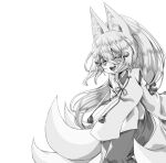  1girl absurdres animal_ears blush chadraws_art commentary english_commentary fox_ears fox_girl fox_tail greyscale hakama hakama_skirt half-closed_eyes high_ponytail highres japanese_clothes kimono long_hair long_sleeves looking_at_viewer miko monochrome multiple_tails official_alternate_costume official_alternate_hairstyle open_mouth phase_connect ponytail simple_background skirt tail tassel teeth tenma_maemi tenma_maemi_(shrine_maiden) upper_teeth_only very_long_hair virtual_youtuber white_background 