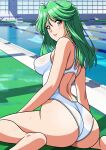  1girl absurdres asou_kasumi ass brown_eyes commentary_request competition_swimsuit green_hair highleg highleg_one-piece_swimsuit highres indoors long_hair looking_at_viewer looking_back one-piece_swimsuit parted_lips pool poolside racerback solo swimsuit tokimeki_memorial tokimeki_memorial_2 white_one-piece_swimsuit yuuyuu_(3jjbn) 