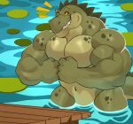 2026 alligator alligatorid anthro barazoku biceps big_muscles big_pecs casual_nudity colored crocodilian darknaigart day digital_drawing_(artwork) digital_media_(artwork) flexing flower front_view green_body green_scales hi_res looking_up male male_anthro markings multicolored_body multicolored_scales muscular muscular_anthro muscular_arms muscular_male navel non-mammal_navel nude nude_anthro nude_male outdoor_nudity outside partially_submerged pecs plant reptile scales scalie shaded snout solo spikes spikes_(anatomy) spots spotted_markings standing tail trapezius water water_lily yellow_sclera