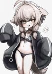  1girl ahoge amawasp animal_ears bandaid bandaid_on_knee bandaid_on_leg bikini black_bikini black_choker black_jacket blush breasts choker commentary_request cowboy_shot fang fox_ears hair_intakes heart highres jacket long_sleeves mafuyu_(vrchat) maid_headdress medium_hair musical_note navel open_clothes open_jacket parted_lips sidelocks skin_fang sleeves_past_fingers sleeves_past_wrists small_breasts smile solo spoken_musical_note swimsuit vrchat white_hair yellow_eyes 