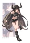 1girl absurdres ankle_boots bare_shoulders black_boots black_hair black_horns black_leg_warmers black_shorts blush boots candy clothing_cutout commentary cropped_shirt diein_(djmax) djmax djmax_respect food full_body highres holding holding_candy holding_food holding_lollipop horns jewelry korean_commentary leg_up leg_warmers legs lollipop long_hair long_sleeves looking_at_viewer navel necklace shirt short_shorts shorts shoulder_cutout simple_background solo symbol-shaped_pupils thigh_gap twitter_username white_background x-shaped_pupils yc97 yellow_eyes zoom_layer 