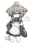  1girl ahoge amawasp animal_ear_fluff animal_ears apron bandaid bandaid_on_leg bandaid_on_thigh blush brown_eyes brown_hair commentary_request cropped_legs flying_sweatdrops fox_ears frilled_apron frills hair_intakes hair_ornament hairclip hand_on_own_hip highres jersey_maid long_sleeves looking_at_viewer mafuyu_(vrchat) maid maid_headdress medium_hair parallel_hairclips parted_lips sidelocks simple_background sleeves_past_fingers sleeves_past_wrists smile solo spoken_flying_sweatdrops strap_slip unconventional_maid vrchat white_apron white_background 