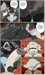 2026 6_panel_comic after_oral ahegao anal anal_fingering anthro anthrofied balls bent_over big_balls big_breasts big_butt big_penis black_body black_fur blue_body blue_fur blush blushing_profusely bodily_fluids border bottomwear breasts breath brown_body brown_fur butt butt_jiggle butt_slap canid canine canis clothing comic coyote deep_throat detailed_background dialogue digital_media_(artwork) dripping duo embarrassed english_text femboy fingering forest forest_background fur generation_1_pokemon generation_4_pokemon generation_8_pokemon genital_fluids genitals grey_hair growlithe gynomorph gynomorph/male gynomorph_penetrating gynomorph_penetrating_male hair hair_over_eyes hi_res hisuian_form hisuian_growlithe huge_breasts huge_butt huge_penis hyper hyper_genitalia hyper_penis intersex intersex/male intersex_penetrating intersex_penetrating_male jiggling licking looking_at_another looking_at_viewer looking_pleasured luxray male male_penetrated mammal masterj291 nara_(masterj291) nintendo onomatopoeia oral oral_penetration panting penetration penile penis plant pokemon pokemon_(species) red_body red_fur regional_form_(pokemon) saliva saliva_drip saliva_on_face saliva_on_penis saliva_on_tongue saliva_string sex shocked shorts slap sound_effects spanking speech_bubble speechless sweat text thick_thighs throbbing throbbing_penis tongue tongue_out tree tree_stump white_border white_hair