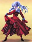  blue_hair dress dress_lift frills from_behind gathers high_heels highres hoshino_ruri kidou_senkan_nadesico kisaragi long_hair long_sleeves pantyhose red red_dress school_uniform shoes solo thighhighs twintails 