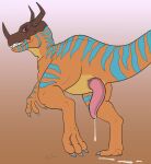 absurd_res animal_genitalia armor bandai_namco bodily_fluids claws cloaca cloacal_penis cum digimon digimon_(species) dinosaur feral genital_fluids genitals greymon headgear helmet hi_res horn leaking leaking_cum looking_at_viewer male male_feral markings orange_body p.v.su prehistoric_species red_eyes reptile scalie seminal_groove solo striped_markings stripes sulcus sulcus_spermaticus tail tailbutt thick_tail